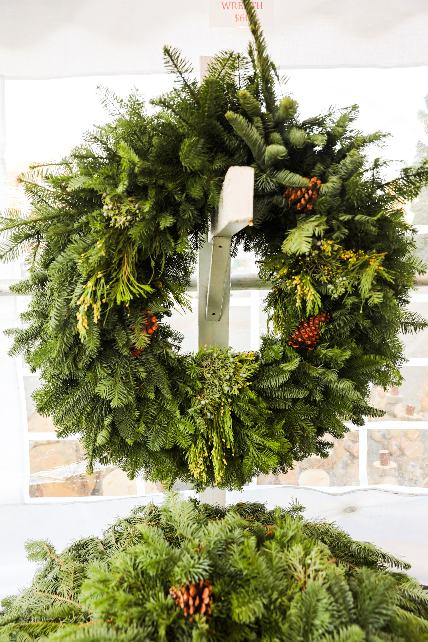 Fresh evergreen wreaths with pinecones at Tina’s Trees