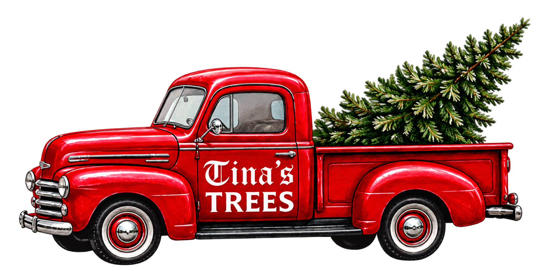 Tina’s Trees red truck carrying a Christmas tree